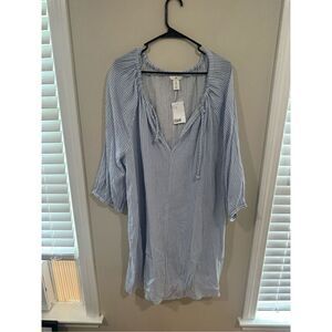 NWT H&M Blue White Striped Linen Blend Dress 3/4 Sleeve XL